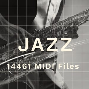 May include: A black and white photo of a person playing a saxophone. The word "JAZZ" is written in large white letters on the saxophone. The text "14461 MIDI Files" is written below the saxophone.