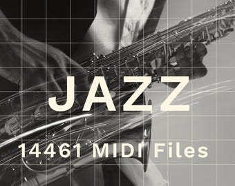 Pode incluir: Uma fotografia a preto e branco de uma pessoa a tocar saxofone. A palavra "JAZZ" está escrita em letras brancas grandes no saxofone. O texto "14461 MIDI Files" está escrito abaixo do saxofone.
