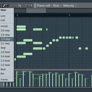 May include: A screenshot of a digital audio workstation (DAW) showing a piano roll editor with a green highlighted section. The piano roll is labeled "Piano roll - Kick - Velocity". The highlighted section shows a pattern of notes for a kick drum.