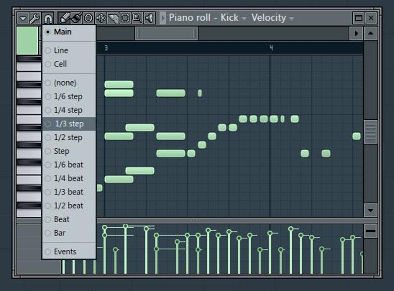 May include: A screenshot of a digital audio workstation (DAW) showing a piano roll editor with a green highlighted section. The piano roll is labeled "Piano roll - Kick - Velocity". The highlighted section shows a pattern of notes for a kick drum.