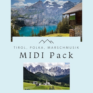 Könnte beinhalten: Ein digitales MIDI-Paket mit Musik aus dem Tirol, Österreich. Das Paket enthält Polka- und Marschmusik. Das Bild zeigt einen malerischen Bergsee und ein traditionelles österreichisches Chalet.