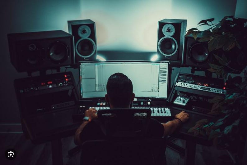May include: A home music studio setup featuring a computer monitor, keyboard, and audio equipment. Two large speakers are positioned on either side of the monitor. The scene is dimly lit, creating a focused workspace.