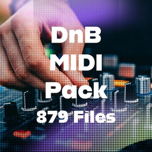 Puede incluir: Primer plano de una mano ajustando una mesa de mezclas con el texto "DnB MIDI Pack 879 Files" en letras blancas sobre fondo negro.