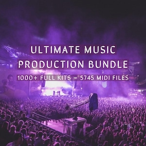 Könnte beinhalten: Eine lila und weiße Grafik mit dem Text "ULTIMATE MUSIC PRODUCTION BUNDLE" und "1000+ FULL KITS = 5745 MIDI FILES" über einem verschwommenen Bild einer großen Menge bei einem Konzert.