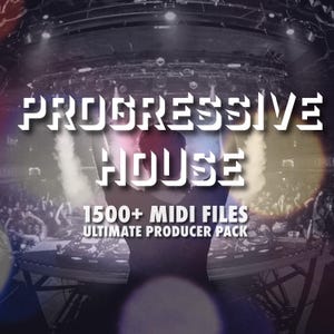 Può includere: Un DJ che si esibisce davanti a una folla durante un concerto. Il palco è illuminato da luci colorate. Il testo "PROGRESSIVE HOUSE 1500+ MIDI FILES ULTIMATE PRODUCER PACK" è visualizzato sul palco.