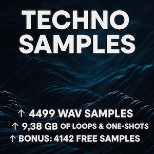 Könnte beinhalten: Ein dunkelblauer Hintergrund mit weißem Text, der "TECHNO SAMPLES" lautet und die folgenden Informationen enthält: "↑ 4499 WAV SAMPLES", "↑ 9,38 GB LOOPS & ONE-SHOTS" und "↑ BONUS: 4142 KOSTENLOSE SAMPLES".