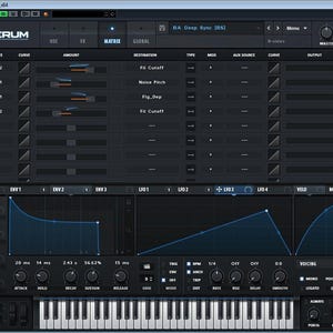 May include: A screenshot of a digital audio workstation (DAW) interface with a dark background and blue accents. The interface shows a synthesizer plugin with controls for oscillators, envelopes, filters, and effects. The plugin is named "Serum" and the title bar says "BA Deep Sync [BS]".