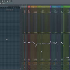 May include: A digital audio workstation (DAW) interface with a timeline and multiple tracks. The tracks are color-coded and have various audio and MIDI clips. The interface is used for music production and recording.
