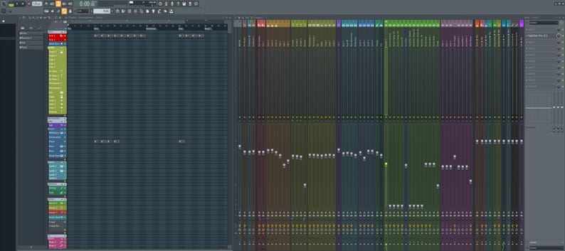 May include: A digital audio workstation (DAW) interface with a timeline and multiple tracks. The tracks are color-coded and have various audio and MIDI clips. The interface is used for music production and recording.