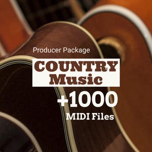 May include: Two acoustic guitars with dark wood bodies and white binding. Text overlay reads: Producer Package, COUNTRY Music, +1000, MIDI Files. The guitars are positioned at an angle, showing the curved sides and the sound hole area of the instruments.