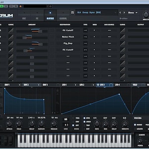 May include: A screenshot of a digital audio workstation (DAW) interface with a dark background and blue accents. The interface shows a synthesizer plugin with controls for oscillators, envelopes, filters, and effects. The plugin is named "Serum" and the title bar says "BA Deep Sync [BS]".
