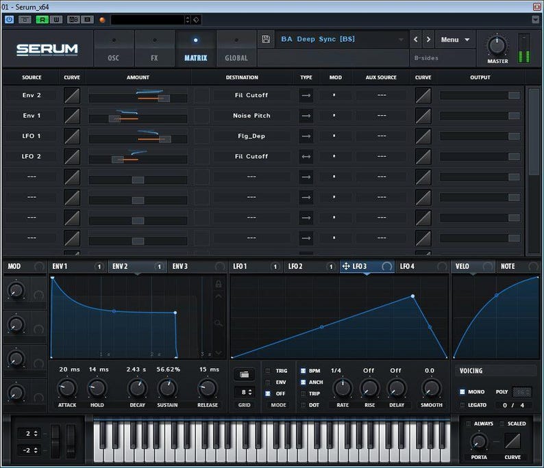 May include: A screenshot of a digital audio workstation (DAW) interface with a dark background and blue accents. The interface shows a synthesizer plugin with controls for oscillators, envelopes, filters, and effects. The plugin is named "Serum" and the title bar says "BA Deep Sync [BS]".