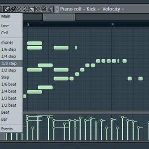 May include: A screenshot of a digital audio workstation (DAW) showing a piano roll editor with a green highlighted section representing a kick drum pattern. The piano roll is labeled "Piano roll - Kick - Velocity".