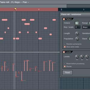 May include: A screenshot of a digital audio workstation (DAW) showing a piano roll with notes and a randomizer plugin with options for octave, key, length, population, variation, stack, and levels. The plugin is titled "Piano roll - randomizer".