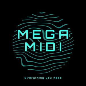 Puede incluir: Un logotipo azul y negro con el texto "MEGA MIDI" y el lema "Todo lo que necesitas". El logotipo está sobre un fondo negro y presenta un diseño circular con líneas onduladas.