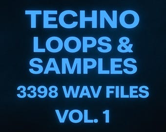 Może przedstawiać: Niebieski neonowy znak z tekstem "TECHNO LOOPS & SAMPLES 3398 WAV FILES VOL. 1" na ciemnoniebieskim tle.