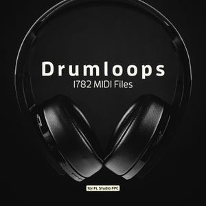 May include: Black over-ear headphones with the text "Drumloops" and "1782 MIDI Files" in white. The bottom of the image has the text "for FL Studio FPC". The headphones are set against a dark background.