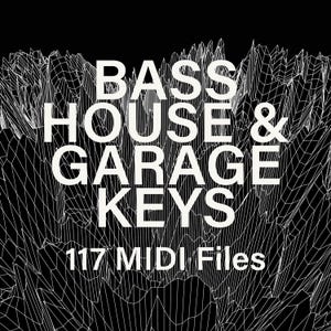 Puede incluir: Un diseño gráfico en blanco y negro con un texto blanco superpuesto que dice "BASS HOUSE & GARAGE KEYS 117 MIDI Files".