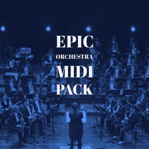 Könnte beinhalten: Ein komplettes Orchester von Musikern, die Instrumente spielen, mit einem Dirigenten vor ihnen. Der Text "EPIC ORCHESTRA MIDI PACK" wird in weißen Buchstaben vor einem blauen Hintergrund angezeigt.