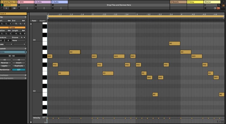 May include: A screenshot of a digital audio workstation (DAW) showing a piano roll with notes arranged in a musical sequence. The notes are labeled with musical notes, such as C4, D4, and F3. The notes are arranged in a pattern that suggests a musical composition.