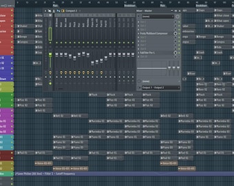 May include: A screenshot of a digital audio workstation (DAW) with a multi-track timeline and a mixer. The timeline shows various audio tracks, including "Kick", "Clap", "What else", "What open", "Snare", "Tambourine", "Bongo", "Crash", "Impact 1", "Impact 2", "Impact 3", "Body", "River", "Noise Down", "Bass 01", "Pick", "Pizz 01", "Bell 01", "Marimba 01", "Piano 01", "Pad 01", "Voice 01", "Noise 02", "Bass 02", and "Guitar 1". The mixer shows various audio channels, including "Main", "Breakdown", "Master", and "Bus".