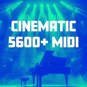 May include: A grand piano and matching bench are centered in a blue-toned image. The text "CINEMATIC 5600+ MIDI" is displayed in large white letters above the piano. The background features stage lighting.