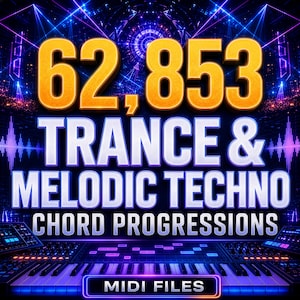 以下が含まれることがあります： 62,853 TRANCE & MELODIC TECHNO CHORD PROGRESSIONS MIDI FILESというテキストが記載されたデジタルグラフィック。デザインには、スタイライズされたキーボード、青と紫の光の演出、暗い背景に抽象的な音波のパターンが含まれています。
