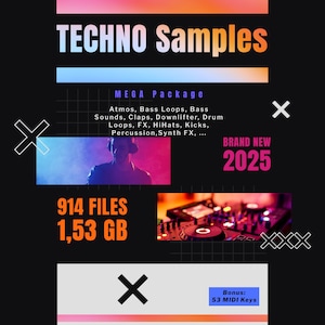 Könnte beinhalten: Werbegrafik für "TECHNO Samples" mit schwarzem Hintergrund und weißem Text. Die Grafik enthält den Text "MEGA Package" und "BRAND NEW 2025". Sie listet auch Audiotypen und die Anzahl der Dateien, mit einem Bonus von 53 MIDI Keys.