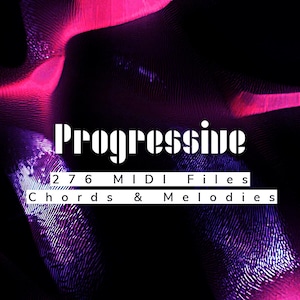 Könnte beinhalten: Ein abstrakter Hintergrund in Schwarz und Lila mit dem Text "Progressive 276 MIDI Files Chords & Melodies" in Weiß.