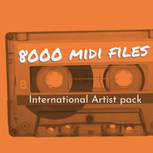 May include: A vintage cassette tape with the text "8000 MIDI FILES International Artist pack" printed on it. The cassette tape is orange and has a black label with a white "B" on it.