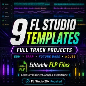 May include: A digital graphic featuring the text 9 FL STUDIO TEMPLATES FULL TRACK PROJECTS, EDM, TRAP, FUTURE BASS, HOUSE, Editable FLP Files, and FL Studio 20+ Required. The background displays a music production interface with audio waveforms.