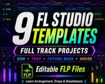 May include: A digital graphic featuring the text 9 FL STUDIO TEMPLATES FULL TRACK PROJECTS, EDM, TRAP, FUTURE BASS, HOUSE, Editable FLP Files, and FL Studio 20+ Required. The background displays a music production interface with audio waveforms.