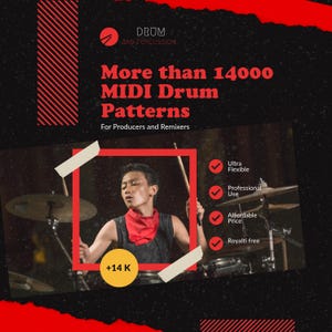 Könnte beinhalten: Eine schwarze und rote Grafik mit einem Schlagzeuger, der ein Schlagzeug spielt. Der Text lautet "DRUM AND PERCUSSION Mehr als 14.000 MIDI-Drum-Patterns Für Produzenten und Remixer +14 K Ultra Flexibel Professionelle Verwendung Erschwinglicher Preis Lizenzfrei".