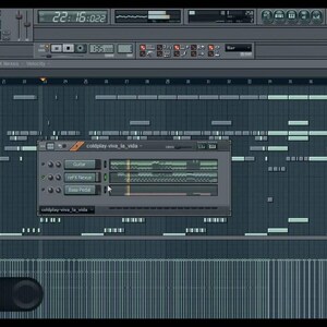 May include: Screenshot of FL Studio digital audio workstation software interface. The interface displays a music production project with a piano keyboard, audio tracks, and a pop-up window labeled "Coldplay - viva la vida."