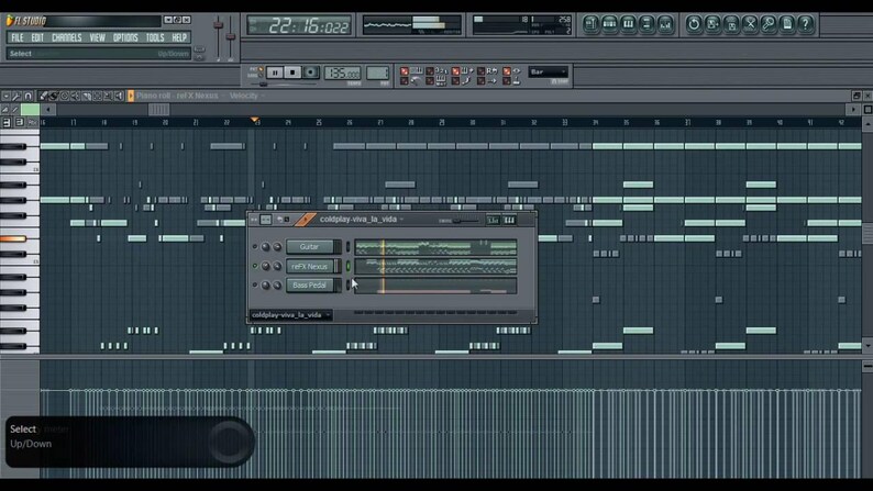 May include: Screenshot of FL Studio digital audio workstation software interface. The interface displays a music production project with a piano keyboard, audio tracks, and a pop-up window labeled "Coldplay - viva la vida."