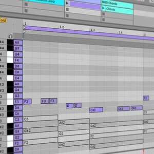 May include: A computer screen displaying a digital audio workstation (DAW) interface. The interface features a grid-like arrangement with musical notes and waveforms, with a purple and gray color scheme. The interface is used for music production and editing.