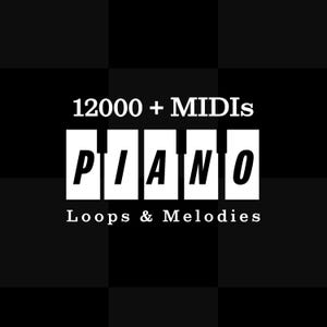 Peut inclure: Graphique noir et blanc avec le texte "12000+ MIDIs PIANO Loops & Melodies". Le mot "PIANO" est affiché en grandes lettres blanches sur fond noir, chaque lettre apparaissant dans un rectangle blanc séparé. Les rectangles sont disposés horizontalement, ressemblant à un clavier de piano.
