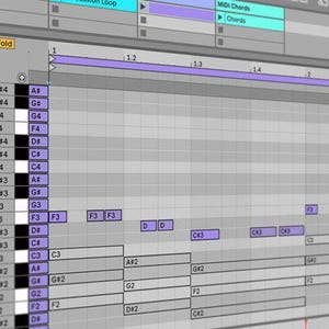 May include: A screenshot of a digital audio workstation (DAW) software interface. The interface shows a piano roll with notes in various keys and octaves. The notes are labeled with musical notation, such as "C4", "F3", and "A#2". The interface also shows a timeline with markers for different sections of the song.