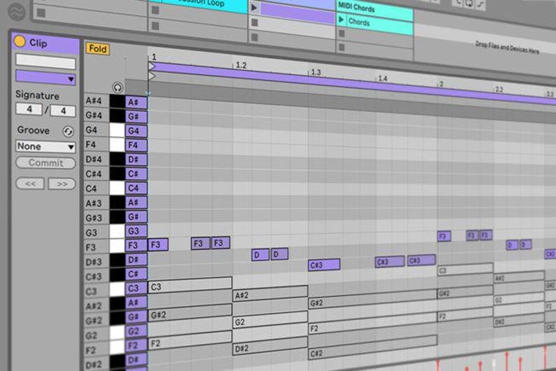 May include: A screenshot of a digital audio workstation (DAW) software interface. The interface shows a piano roll with notes in various keys and octaves. The notes are labeled with musical notation, such as "C4", "F3", and "A#2". The interface also shows a timeline with markers for different sections of the song.