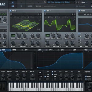 May include: A screenshot of the Serum synthesizer software interface. The interface is dark gray with blue and green accents. The interface features a keyboard, knobs, sliders, and a waveform display. The text "BA The Standard SC [ASL]" is displayed at the top of the interface.