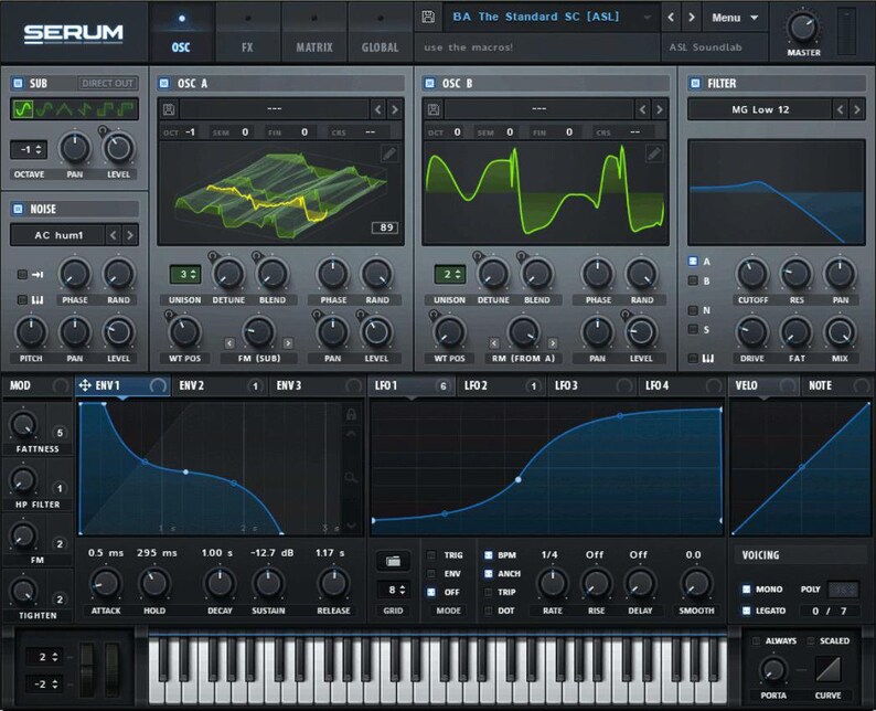 May include: A screenshot of the Serum synthesizer software interface. The interface is dark gray with blue and green accents. The interface features a keyboard, knobs, sliders, and a waveform display. The text "BA The Standard SC [ASL]" is displayed at the top of the interface.