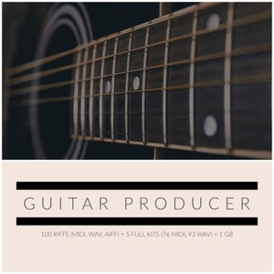 May include: Close-up of an acoustic guitar's fretboard and strings against a dark background. The image includes the text "GUITAR PRODUCER" and details about the included riffs and kits.