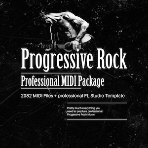 Könnte beinhalten: Ein Schwarzweißbild einer muskulösen Person, die Gitarre spielt. Der Text "Progressive Rock Professional MIDI Package" wird über der Person angezeigt. Der Text "2082 MIDI Files + professional FL Studio Template" wird unter der Person angezeigt. Der Text "Pretty much everything you need to produce professional Progressive Rock Music" wird am unteren Rand des Bildes angezeigt.