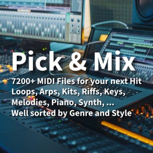 Op de afbeelding: Een close-up van een muziekstudio met een laptop die een golfvorm en de tekst "Pick & Mix 7200+ MIDI Files for your next Hit Loops, Arps, Kits, Riffs, Keys, Melodies, Piano, Synth,... Well sorted by Genre and Style" weergeeft.