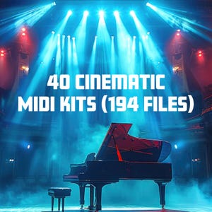 May include: A black grand piano on a stage with blue and white lighting. The text "40 CINEMATIC MIDI KITS (194 FILES)" is displayed in white on a black background.