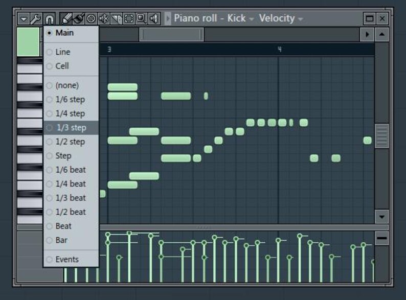K&ouml;nnte beinhalten: Ein Screenshot einer digitalen Audio-Workstation (DAW), der einen Piano-Roll-Editor mit einem gr&uuml;n hervorgehobenen Abschnitt zeigt, der ein Kickdrum-Muster darstellt. Die Piano-Roll ist mit "Piano roll - Kick - Velocity" beschriftet.