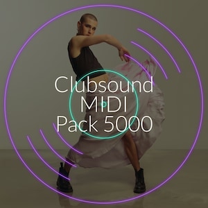 Puede incluir: Una persona con un top negro y una falda rosa baila frente a un círculo de neón morado con el texto "Clubsound MIDI Pack 5000" en un círculo turquesa.