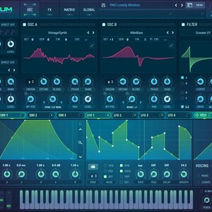 May include: A screenshot of the Serum synthesizer software interface. The interface is blue and green with a keyboard at the bottom. The interface has a variety of controls, including knobs, sliders, and buttons. The text "PAD Lovely Motion" is displayed at the top of the interface.