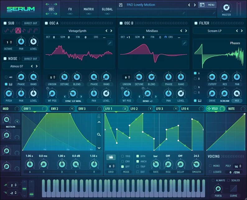 May include: A screenshot of the Serum synthesizer software interface. The interface is blue and green with a keyboard at the bottom. The interface has a variety of controls, including knobs, sliders, and buttons. The text "PAD Lovely Motion" is displayed at the top of the interface.