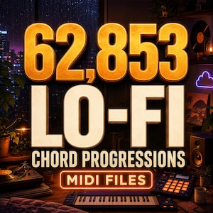 May include: A digital graphic featuring the bold yellow text 62,853 LO-FI CHORD PROGRESSIONS MIDI FILES. The image displays a music production setup with a keyboard controller, a drum pad, a turntable, and a mug in a dimly lit room setting.